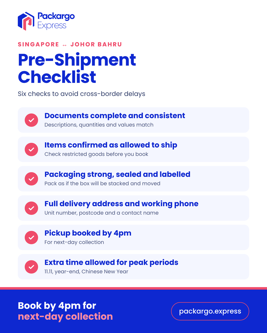 Packargo Express pre-shipment checklist: documents complete, items allowed to ship, packaging sealed and labelled, full delivery address and phone, pickup booked by 4pm for next-day collection, extra time for peak periods