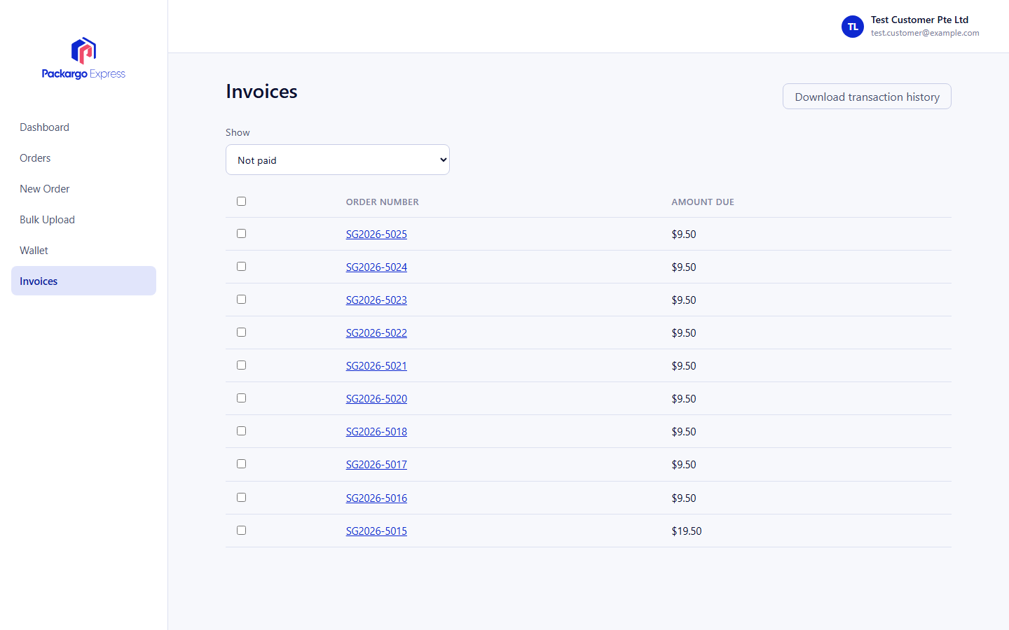 Packargo customer portal invoices page listing unpaid invoices by order number with amount due