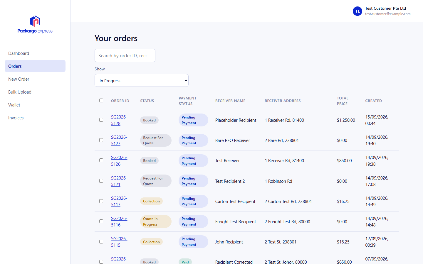 Packargo customer portal orders list showing order status, payment status, receiver details and total price for each shipment